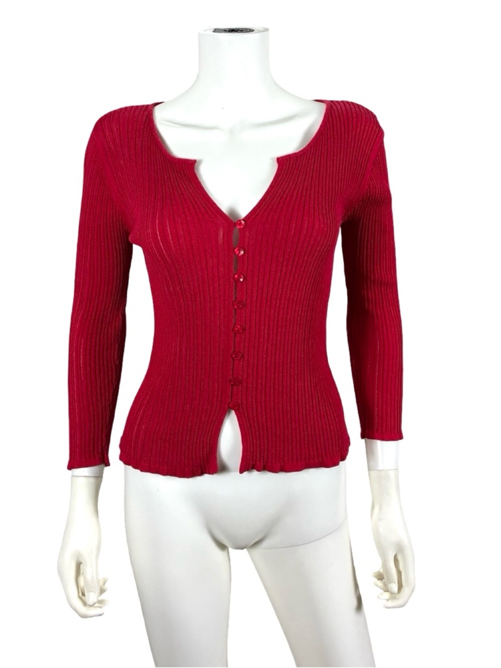 Express Vintage 90's Red Ribbed Fitted Cardigan Sweater